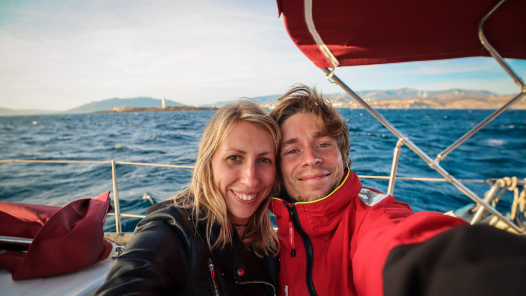 Mandy and Alex on their boat Blue